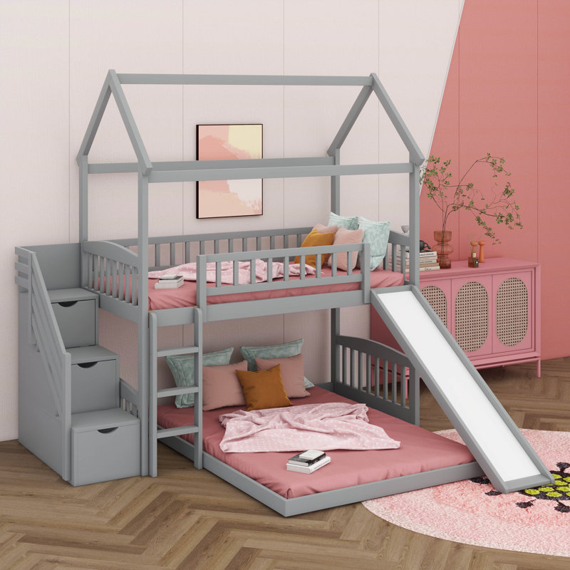 Adorable Twin Over Full House Bunk Bed With An Entertaining Slide And Convenient Stairs, Gray