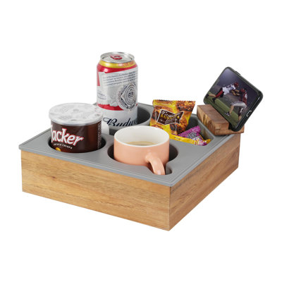 Couch Cup Holder Tray, Soft Food Grade Silicone Acacia Wooden Couch Caddy for Bed Car Seat Beach Organizer, Waterproof Anti-Spill Couch Drink Holder for Snacks Beverage Remote (Gray)