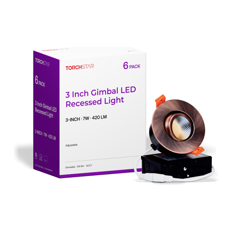 Spot encastré DEL 3 po 5CCT à cardan, IRC 90+, orientable et dimmable, avec boîte de jonction, étanche à l'air et conforme aux normes IC, finition bronze huilé.