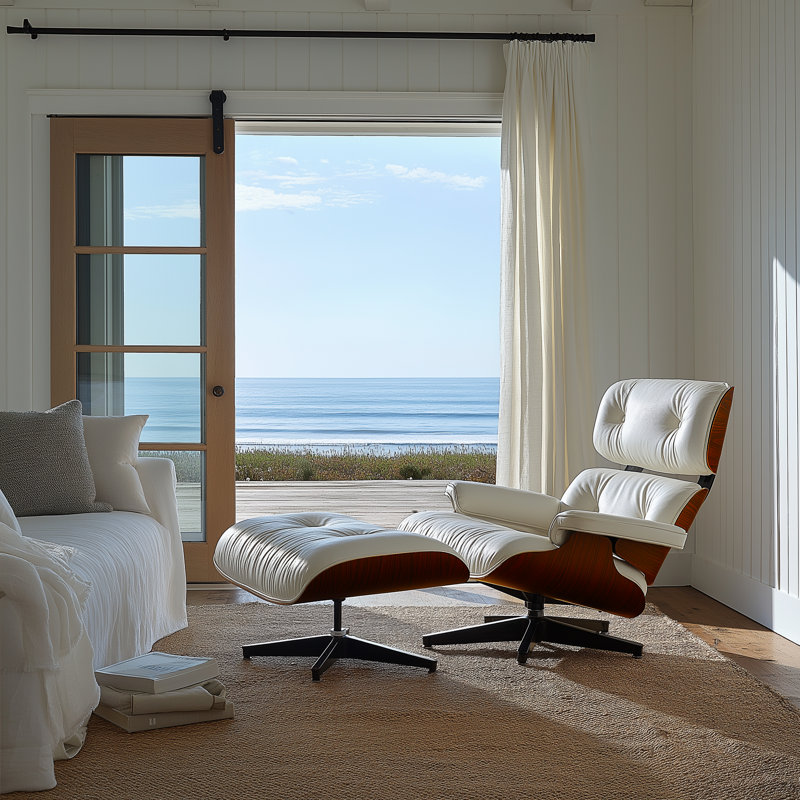 Swivel Accent Chair With Ottoman In Top Grain Leather, White/Orange Walnut