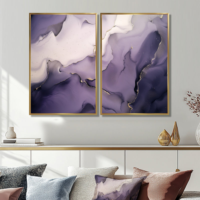 Nuage d'encre mauve et gris mauve - art mural moderne mauve 2 panneaux, H 36 po x l 48 po, Impression encadrée flottante