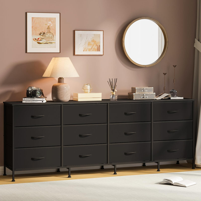 TV Stand 70 Inch Entertainment Center with 12 Fabric Drawers, Charging Station, Supports Up to 80 Inch TV, Black