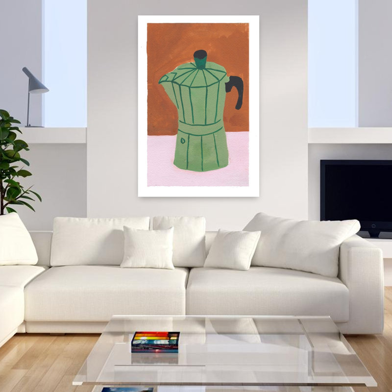 «Green Moka Pot Still Life Modern Sunrise», art mural, H 48 po x l 32 po