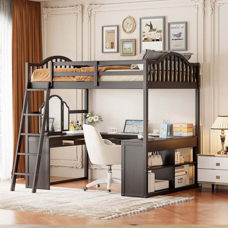 Lit mezzanine double en bois avec bureau en U, compartiments de rangement et miroir à trois volets, Espresso