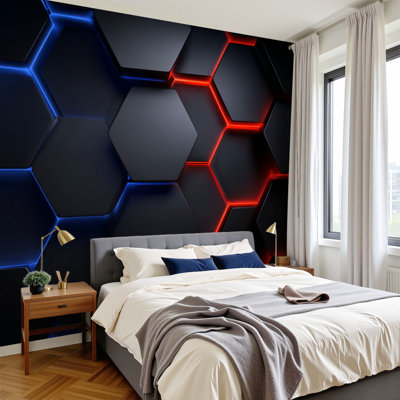 Papier peint adhésif 3D futuriste avec technologie néon hexagonale bleu et rouge, 100 x H 144 po, papier peint amovible en PVC, peinture murale, décoration pour garçons, salle de jeux, hommes, caverne