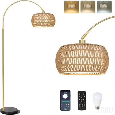 Gold Floor Lamps For Living Room, Arc Floor Lamp With Remote & Dimmable Bulb, Boho Rattan Standing Lamp With 3 Color Temperatures, Height Adjustable Tall Lamp For Bedroom, Over Couch Reading Lamp