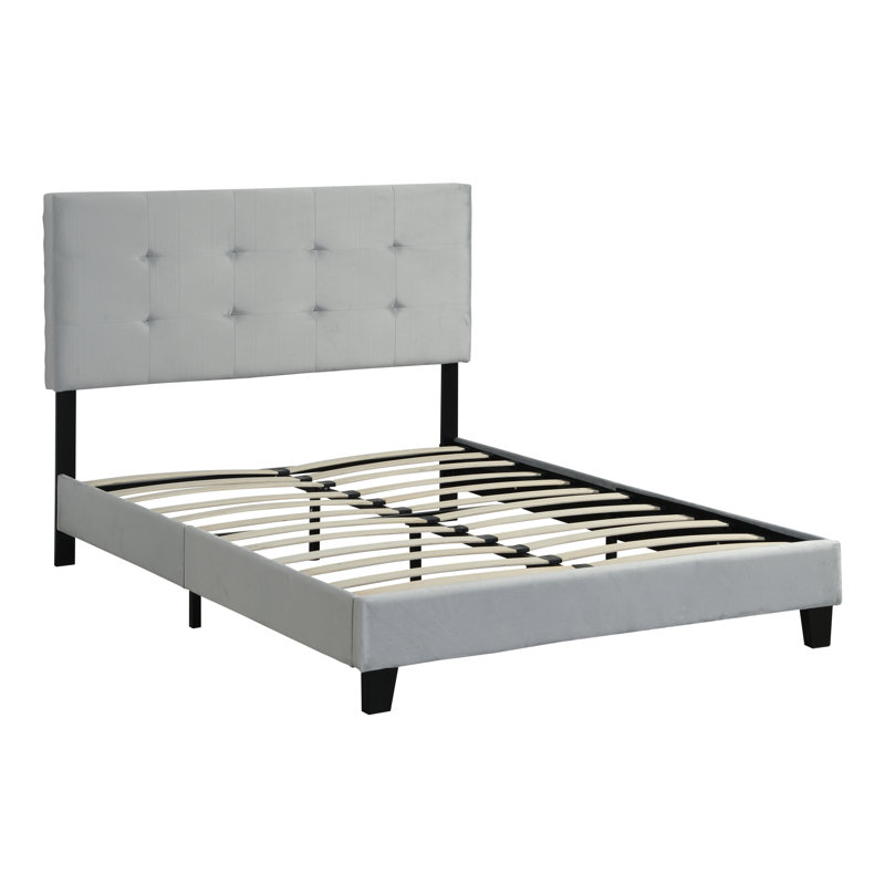 Upholstered Platform Bed Frame with Button Tufted Linen Fabric Headboard, No Box Spring Needed, Wood, Full/Double
