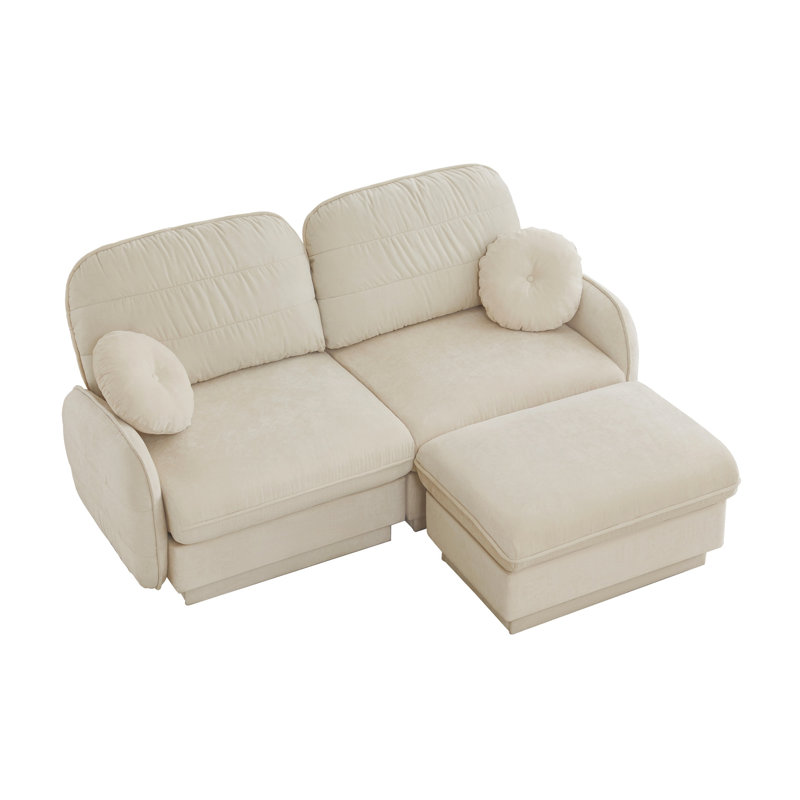 Canapé modulaire en L avec causeuse en chenille crème beige et repose-pieds, Chenille crème