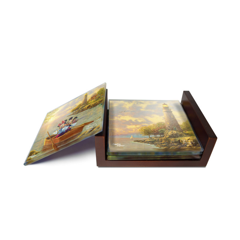 (Symboles) Ensemble de sous-verres en verre Starfire, Thomas Kinkade / Phare de Mickey et Minnie Cove
