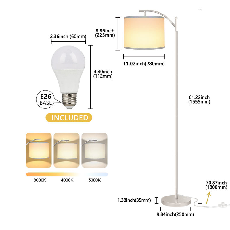 Floor Lamp For Living Room With 3 Color Temperatures Led Bulb, Standing Lamp Tall Industrial Floor Lamp, Polished, White