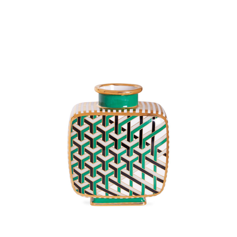 Gold and Green Porcelain Square Decorative Vase