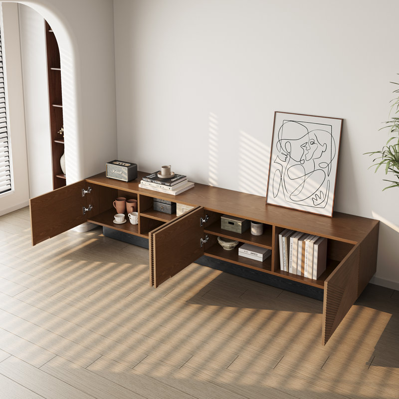 78.74" Mid Century Modern TV Stands, with Brown Solid Wood Veneer, Media Consoler with 4 Cabinets