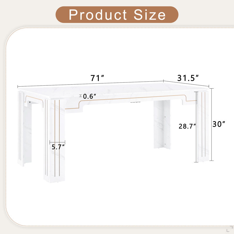 Table de salle à manger 71 po x 31,5 po à motif de panneaux de fibres à densité moyenne en marbre blanc avec pieds rainurés. Table de salle à manger pour la maison, pouvant accueillir de 6 à 8 personnes. Adaptable pour les restaurants, les salons, etc.