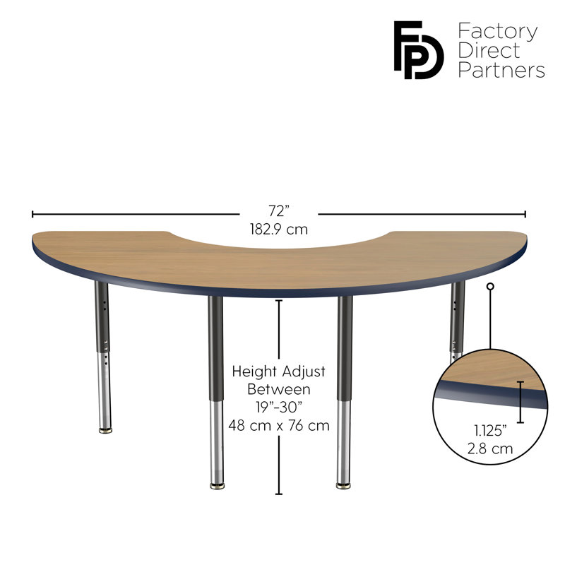 Table d'activité demi-lune 36 "x 72" avec pieds réglables, Super, Chêne Pasadena / bleu marine / noir