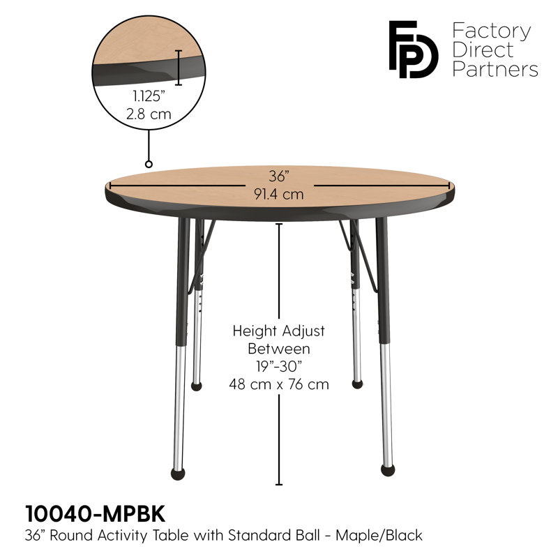 Table ronde à hauteur réglable, 36", Érable / noir, Standard Ball Glide