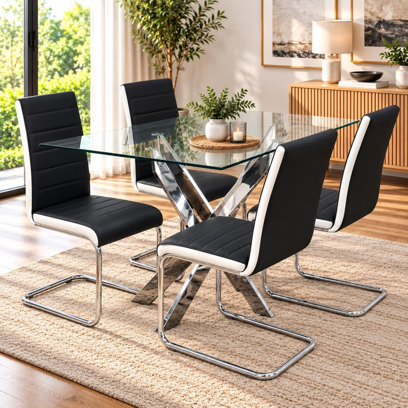 Dining Table Set ,Rectangular Glass X-shaped Legs with 4 Faux Leather Chairs