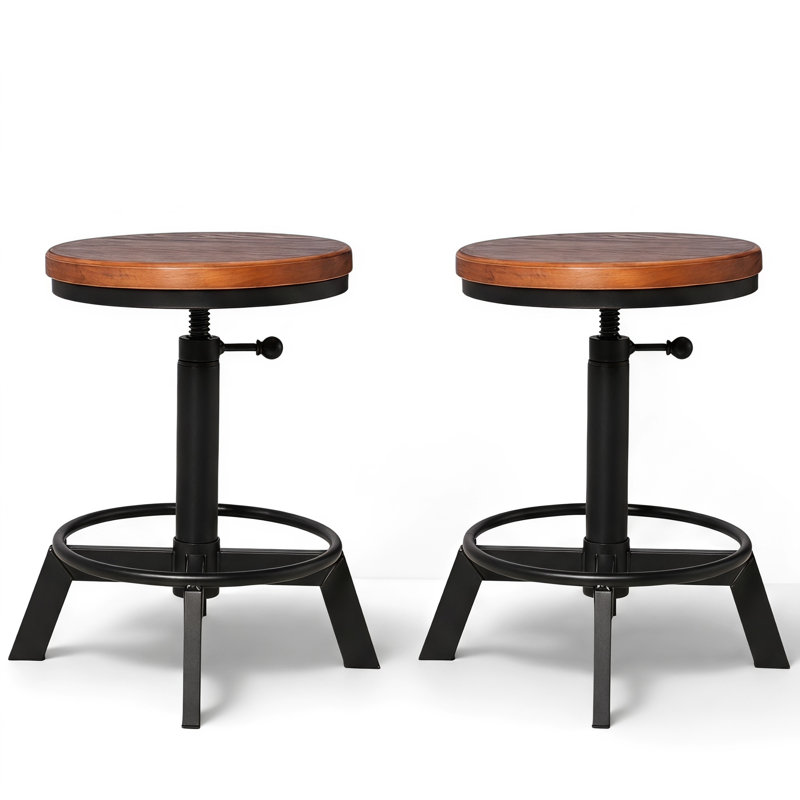 Ensemble de 2 tabourets de bar industriels à hauteur réglable, tabourets pivotants ronds en bois massif avec base en fer noir mat, tabourets de comptoir à hauteur réglable en spirale pour îlot de cuisine, bar et loft