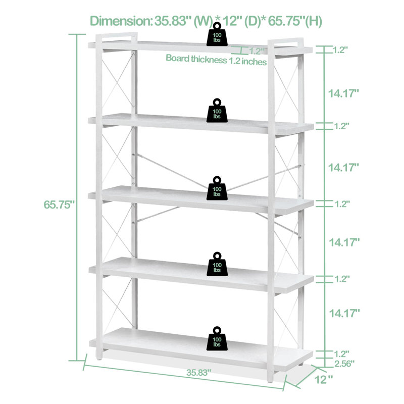 Bibliothèque ouverte à 5 niveaux de style industriel avec structure en métal pour un placement autoportant, Blanc nuage