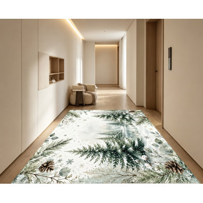 Tapis aquarelle Forêt d'hiver, motif sapin et flocons de neige, style douillet, surface en velours, antidérapant, décoration intérieure artistique pour salon, chambre, entrée, cuisine, balcon, appartement