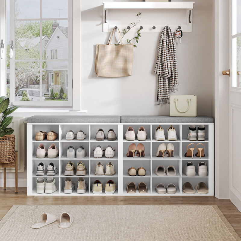 Banc de rangement pour chaussures avec coussin, banc de rangement pour hall d'entrée avec 24 casiers, armoire de rangement élargie de 9,5 po, support à casiers long pour le salon, la chambre à coucher, le vestibule, blanc