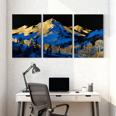 Paysage abstrait de montagne avec des tons d'or et de bleu, ensemble de 3 impressions sur toile