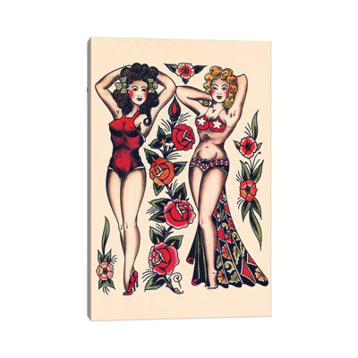 Deux belles femmes, Flash Tatooo rétro par Norman Collins, alias, Sailor Jerry par Piddix - peinture sur toile tendue