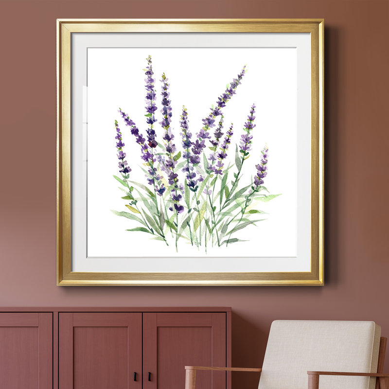 Lavande botanique I - peinture encadrée, Toile encadrée d'or, H 26,5 po x l 26,5 po x P 1,5 po