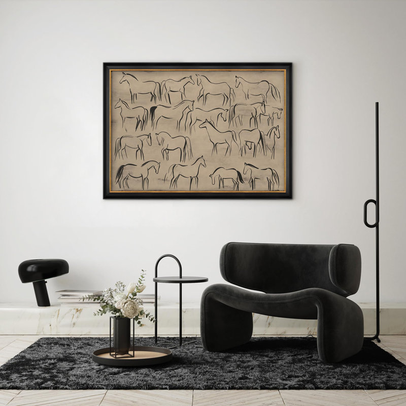 "Dessin au trait moderne de chevaux, impressionisme, décoration murale encadrée", Non