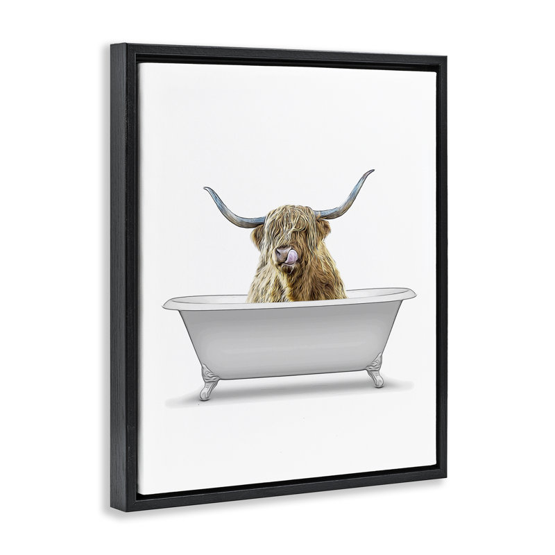  Art mural encadré traditionnel "Longhorn in Bath" par Annalisa Latella, H 21 po x l 17 po, Cadre flottant noir de jais