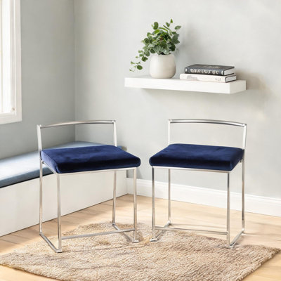 Ensemble de 2 chaises d'appoint empilables pour la salle à manger, revêtement en velours bleu foncé, dossier bas, structure en métal