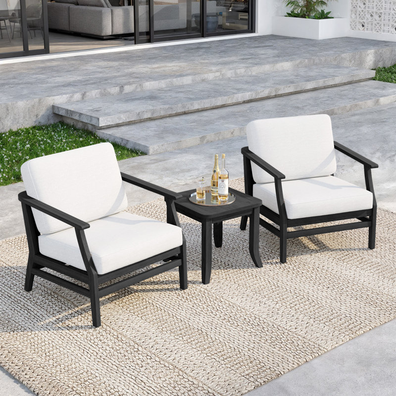 Polett Teak Outdoor Two-person Patio Set With Cushions And Side Table, Beige, Black