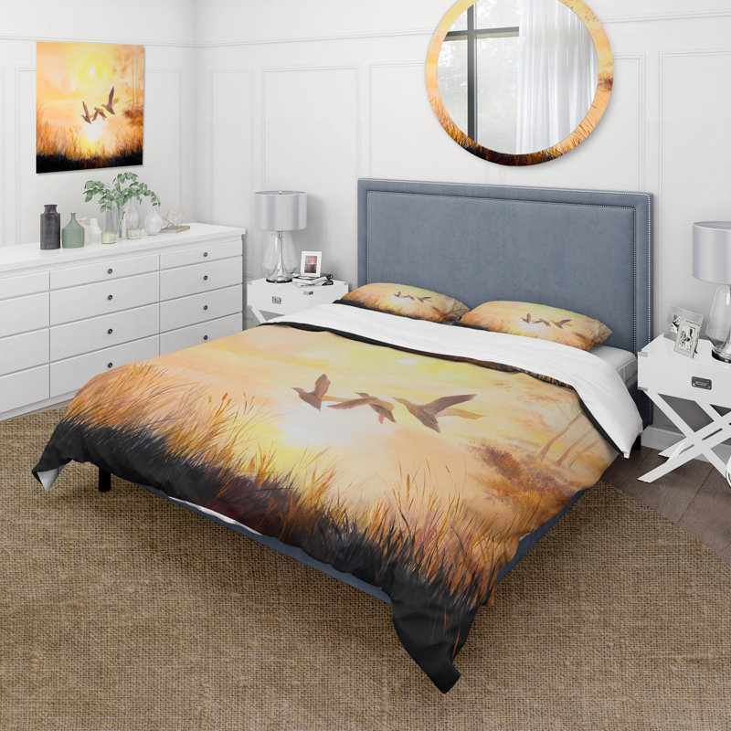 Three Cranes Flying Through Sunset - Ensemble de housse de couette traditionnel - Polyester en microfibre