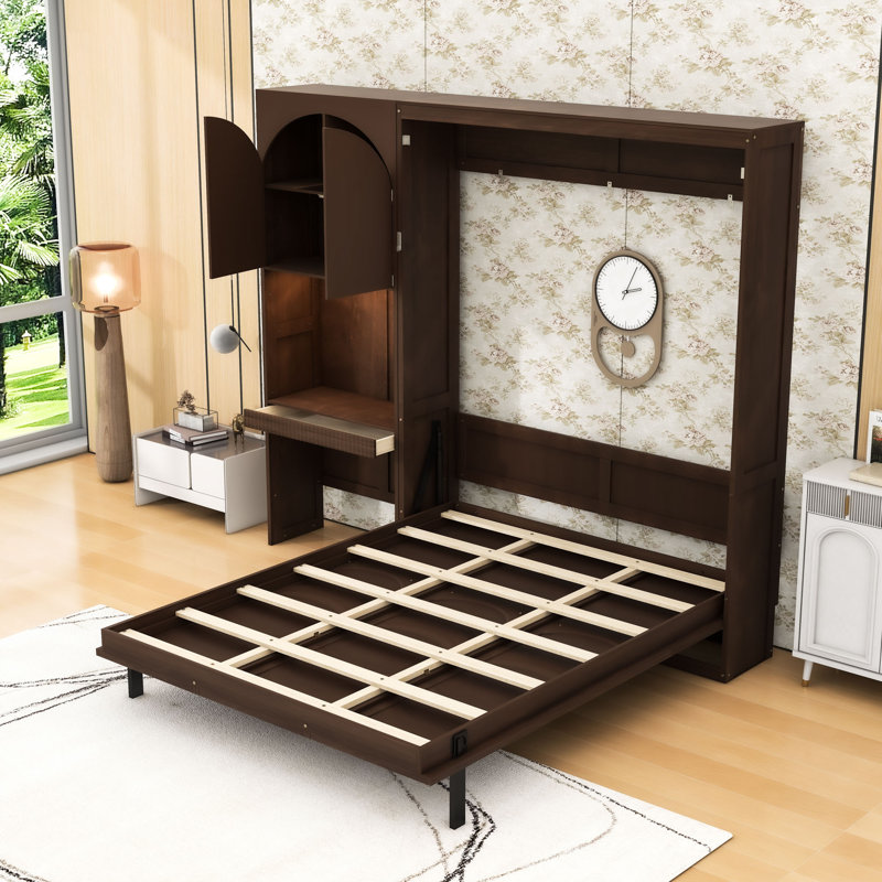 Grand lit escamotable avec armoire de rangement et éclairage DEL, Noyer