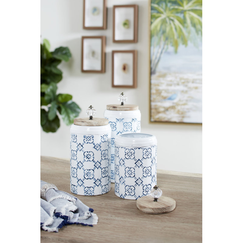 Metal Canister - Set of 3, White/Blue