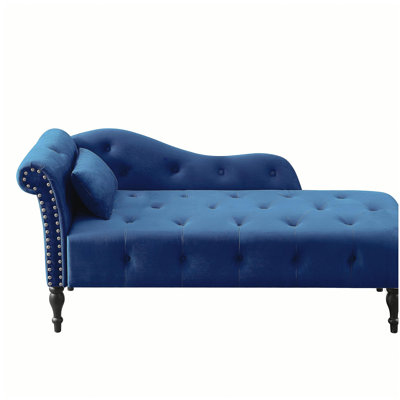 Aijia 60,6 po Velours méridienne boutons capitonnés cloutés garnis de pieds en bois massif avec 1 oreiller, bleu (conception de l'accoudoir gauche comme illustré