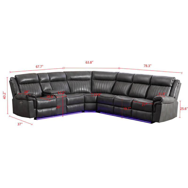 Power Reclining Corner Sectional Sofa With Led Lights Grey Leather, Gray Faux Leather