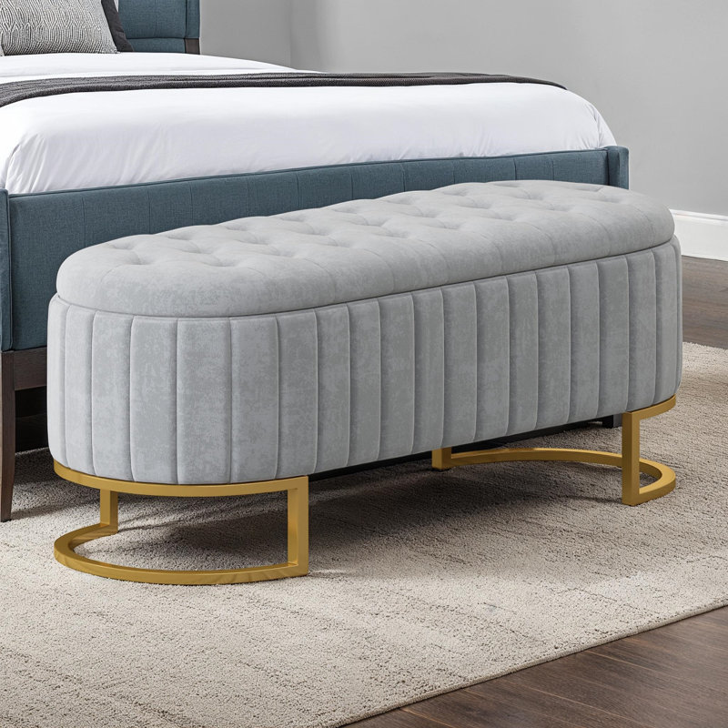 Élégant repose-pieds de rangement rembourré en velours avec capitonnage à boutons, Gris