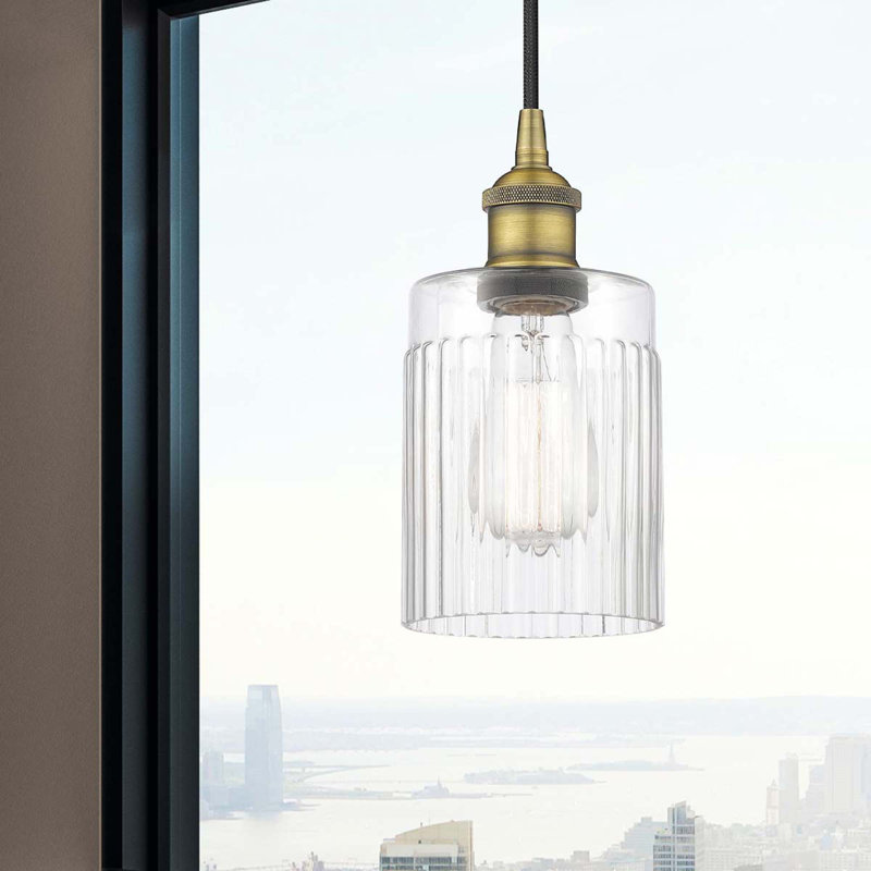 Luminaire suspendu cylindrique à 1 lumière Kamena, Transparent, Laiton brossé