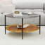 Table basse de style Mid-Century moderne avec plateau en verre + tablette de rangement en bois, structure en métal noir, conception ronde, peu encombrante, 32,28 pouces, table basse moderne de style Mid-Century noir transparent avec plateau en verre + l-1505357699