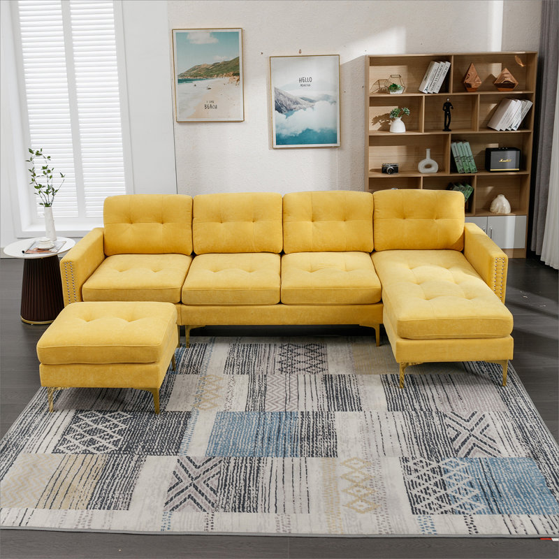 110" L-Shape Convertible Sectional Sofa Couch With Movable Ottoman For Living Room, Yellow Velvet