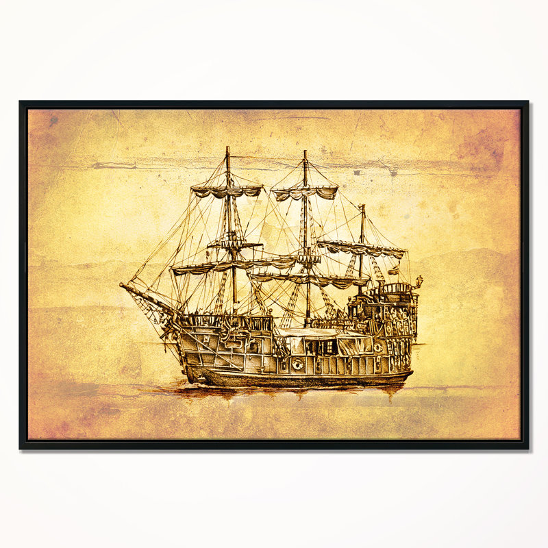 Bateau brun ancien en mouvement - impression, H 16 po x l 32 po x P 1 po, Cadre flottant