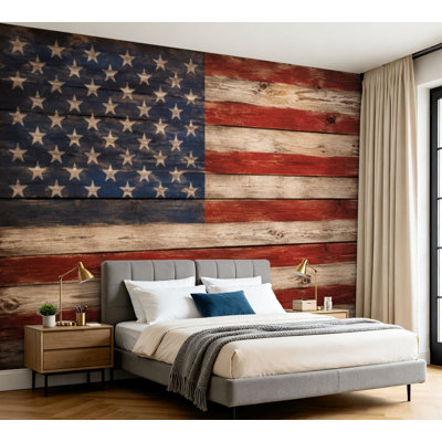 Wall Mural Peel and Stick Wallpaper American Flag Print Red Blue Natural Stars Stripes Wooden Planks Self-Adhesive Removable Contact Paper Wall Decor for Living Room Bedroom 100"H x 144"W
