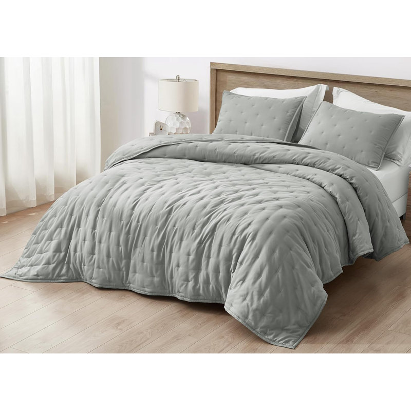 Glen Lightweight Cooling Rayon Derived from Bamboo Blended Crescent Quilt Set, King Quilt + 2 King Shams, Light Gray