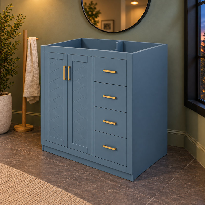 Meuble-lavabo autoportant de 90,8 cm (35,74 po) sans lavabo, structure en bois massif, 3 tiroirs et portes à fermeture douce, style moderne bleu