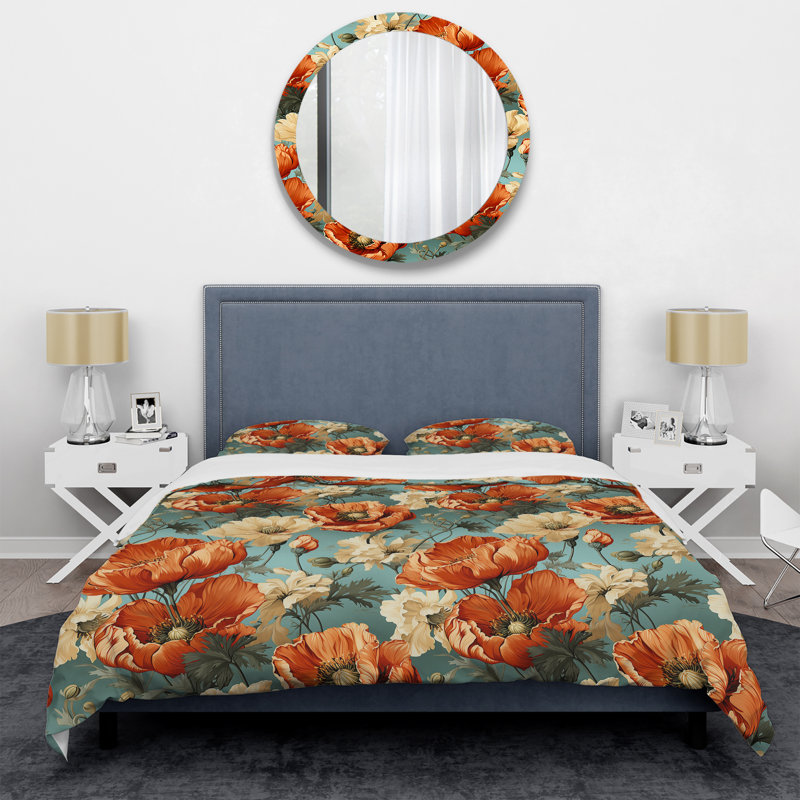 Ensemble de housse de couette Corail et beige Poppy Bliss Meadow, Housse de couette pour grand lit et 2 taies décor