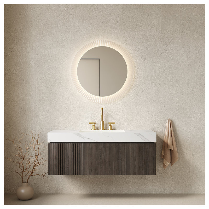 Meuble-lavabo suspendu MURI de 122 cm (48 po) avec comptoir en pierre frittée, lavabo encastré en céramique et rangement à fermeture amortie, finition grain de bois espresso