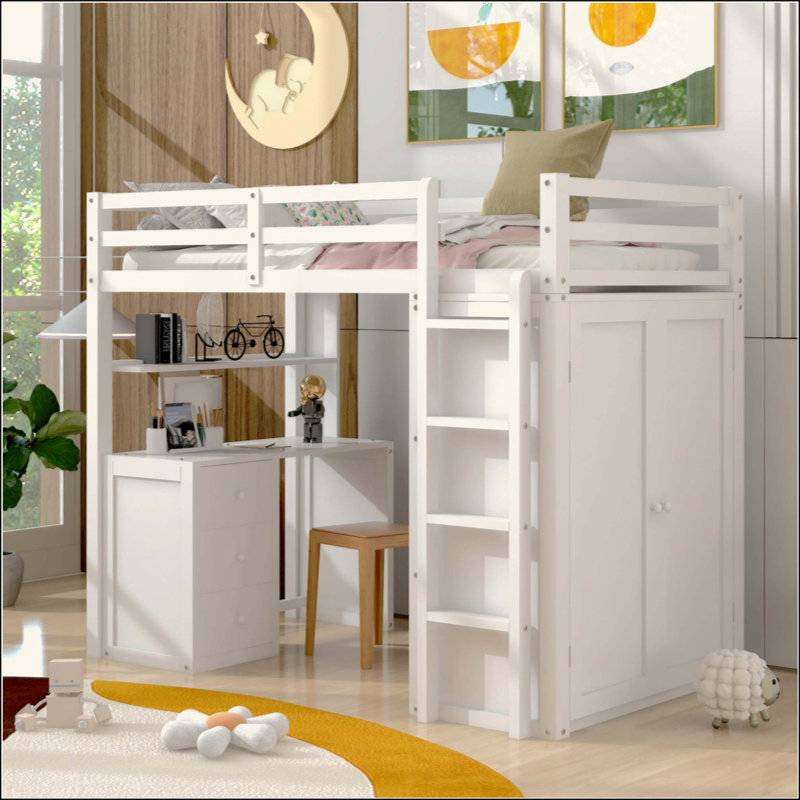 Lit mezzanine avec tiroirs, bureau et garde-robe, White