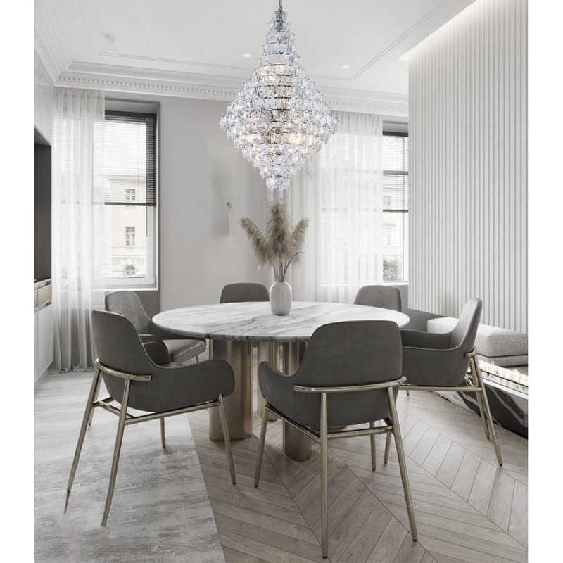 Lustre 27 lumières avec cristaux transparents suspendus, Chrome