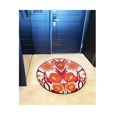 Red Themed Floral Rose Patterned Round Woven Base Modern Decorative Carpet