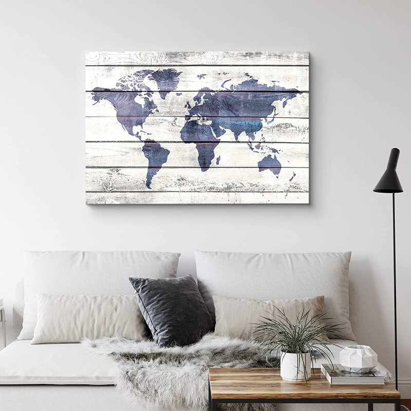 «World Map on White Wood Panels Places Country», reproduction d'art sur toile tendue, H 16 po x l 24 po x P 1,5 po